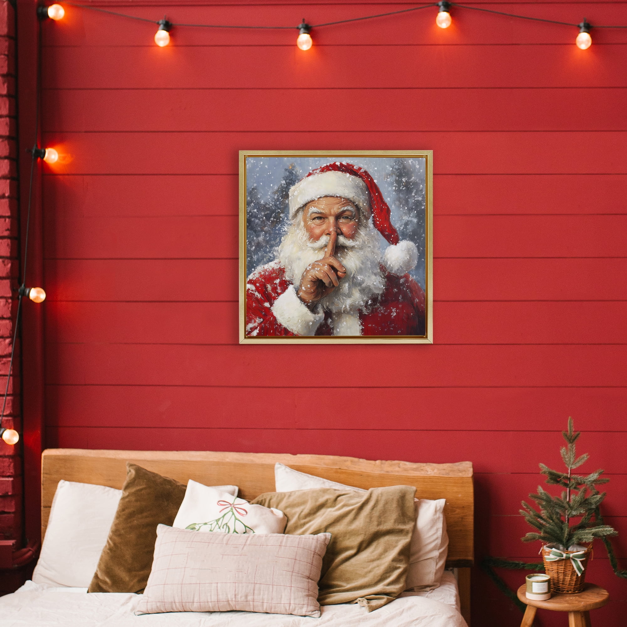Secret Santa Shh Gold Framed Floater Canvas Wall Art, design by Petal Prints Design