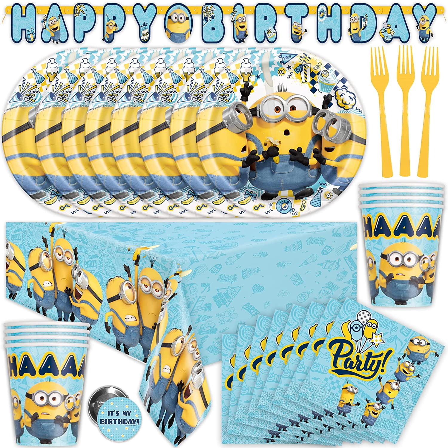Balloons Tablecover & Cutlery with Bonus 1pc Minion Action Mini Figure Cups Despicable Me 3 Complete Birthday Party Pack for 8 Includes 9 Dinner Plates Lunch Napkins
