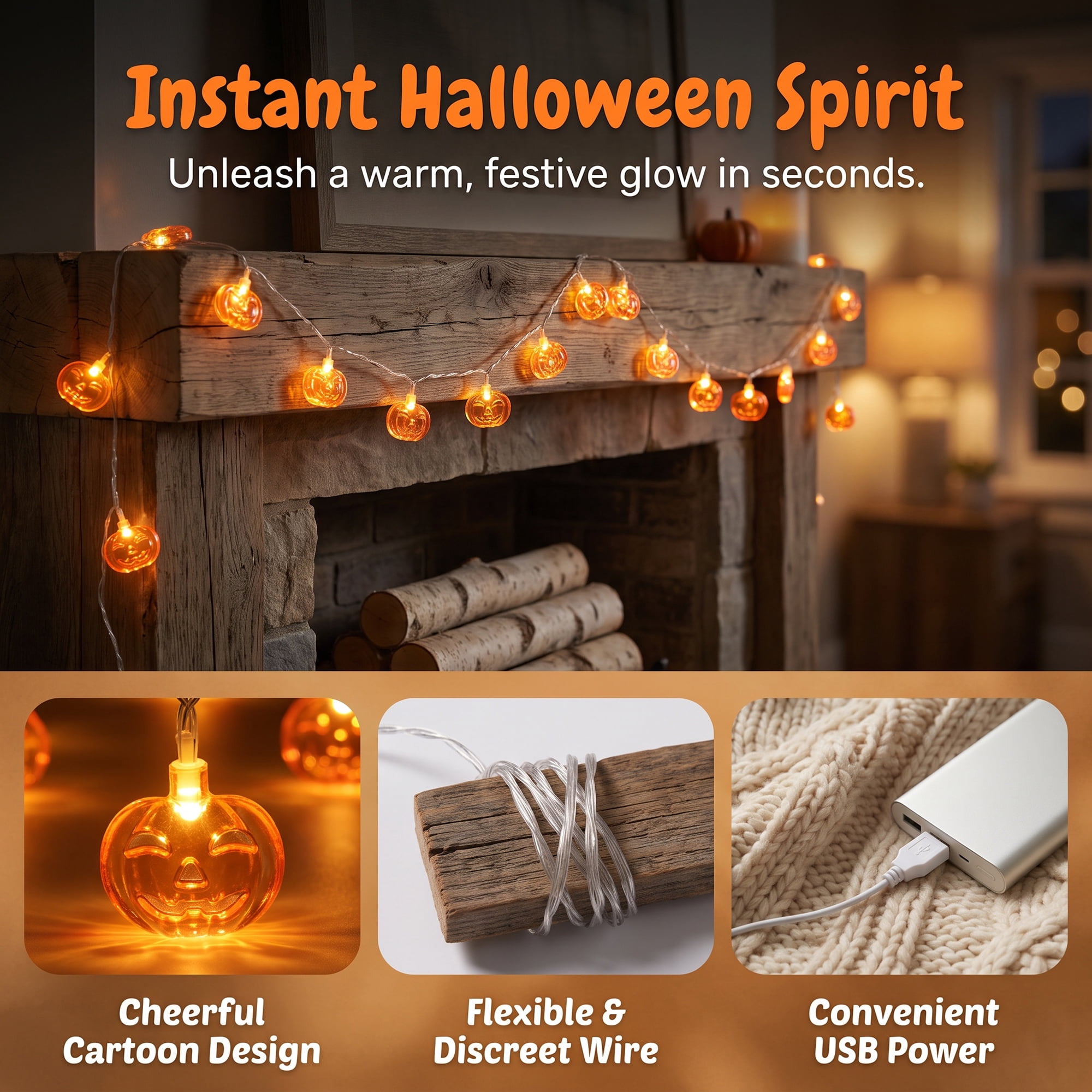 Unique Bargains Jack-O'-Lantern Fairy Lights 9.8 ft Squinting Pumpkin USB Powered