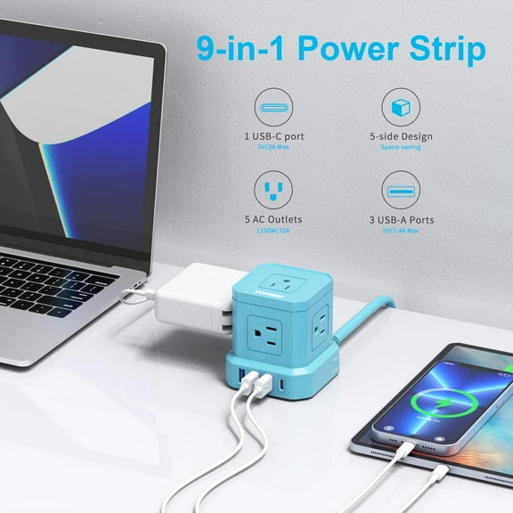 PYYAN-Power Strip with USB-C (3.0A), Surge Protector (700J), 10 FT Extension Cord with Flat Plug, 5 AC Outlets 4 USB, Desk Charging Station for Living Room, Nightstand, Office, Travel