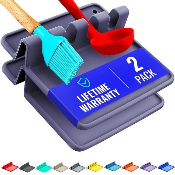 Silicone Spoon Rest for Stove Top with Drip Pad (Two Pack) - Heat Resistant BPA Free Utensil Rest & Spoon Holder for Kitchen Counter - Grill Utensil Holder - Spatula Holder, Tongs, Ladle - Purple