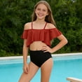 thumbnail image 6 of Lutiedan Girls Swimsuit 2 Piece Bikini Set Flowy Ruffled Off Shoulder Bathing Suit Color Block Summer Vacation Girls Swimwear, 6 of 9