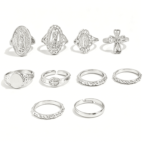 DESIGNICE Chunky Silver Rings for Women Set Adjustable Thick Statement Rings for Women Irregular Gemstone Stacking Rings Silver Accessories Chunky Jewelry