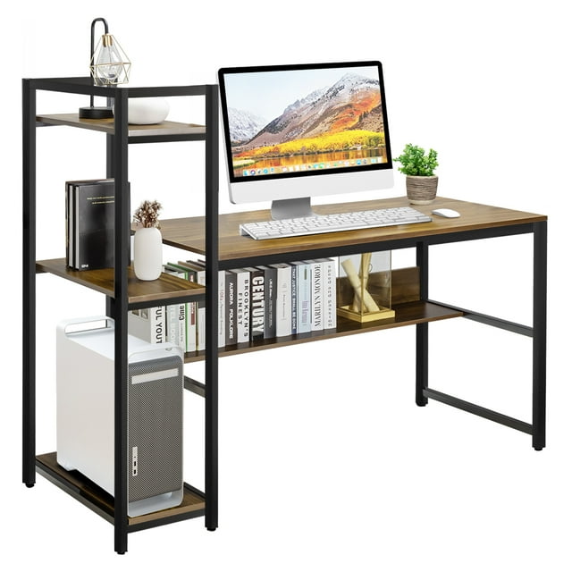 Patiojoy Bureau d'Ordinateur Multifonction avec Étagères de Rangement Table d'Écriture Stable pour Bureau à Domicile Noyer
