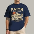 thumbnail image 2 of Outstanding Religious T-Shirt with the phrase "Faith Can Move Mountains" along with a landscape design of mountains at sunset/sunrise and the Bible verse Matthew 17:20., 2 of 7