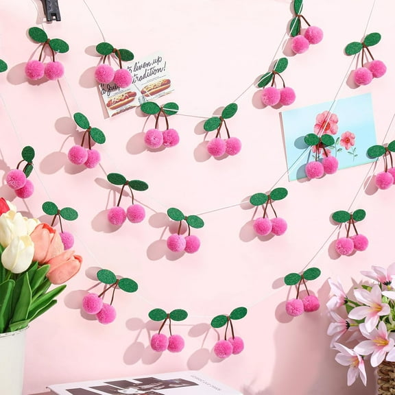 Dalrosia 3PCS Cherry Garland Decoration - DIY Pom Pom Fruit Cherry Hanging for Kids Bedroom Kitchen Decoration Baby Shower Party Favor