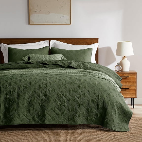 Cotton Queen Size Quilt Set - Olive Green Pre-Washed Soft Lightweight Modern Bedspread