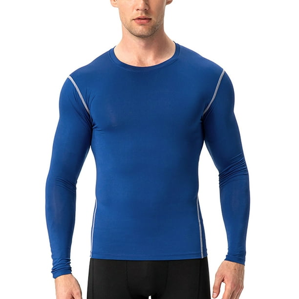 MAWCLOS Men Compression Shirts Long Sleeve Sport T Shirt Baselayer Muscle  Tops Breathable Workout Cool Dry Tee Blue L