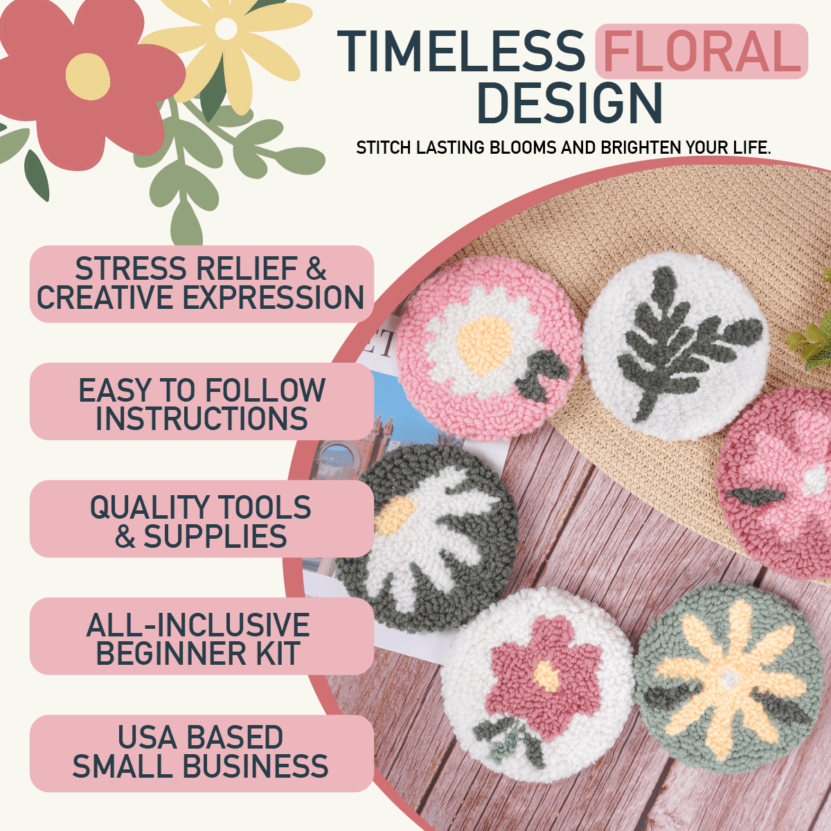 Emri Lane Floral Punch Needle Kit for Beginners Includes Embroidery Hoop, Punch Needle Tools Yarn and Monk Cloth DIY Craft Set of 6