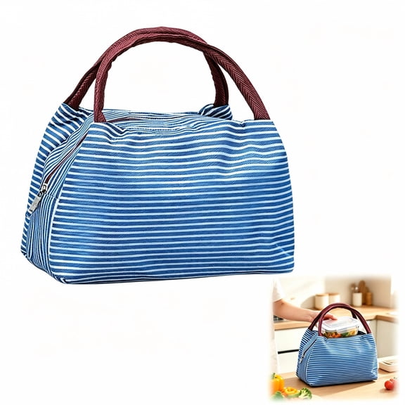 Back to School Lunch Bag for Girls Blue, Reusable Lunch Bags Small Cooler Tote Bag, Striped Insulated Bag Large Capacity Cloth Lunch Tote Bags for Work School