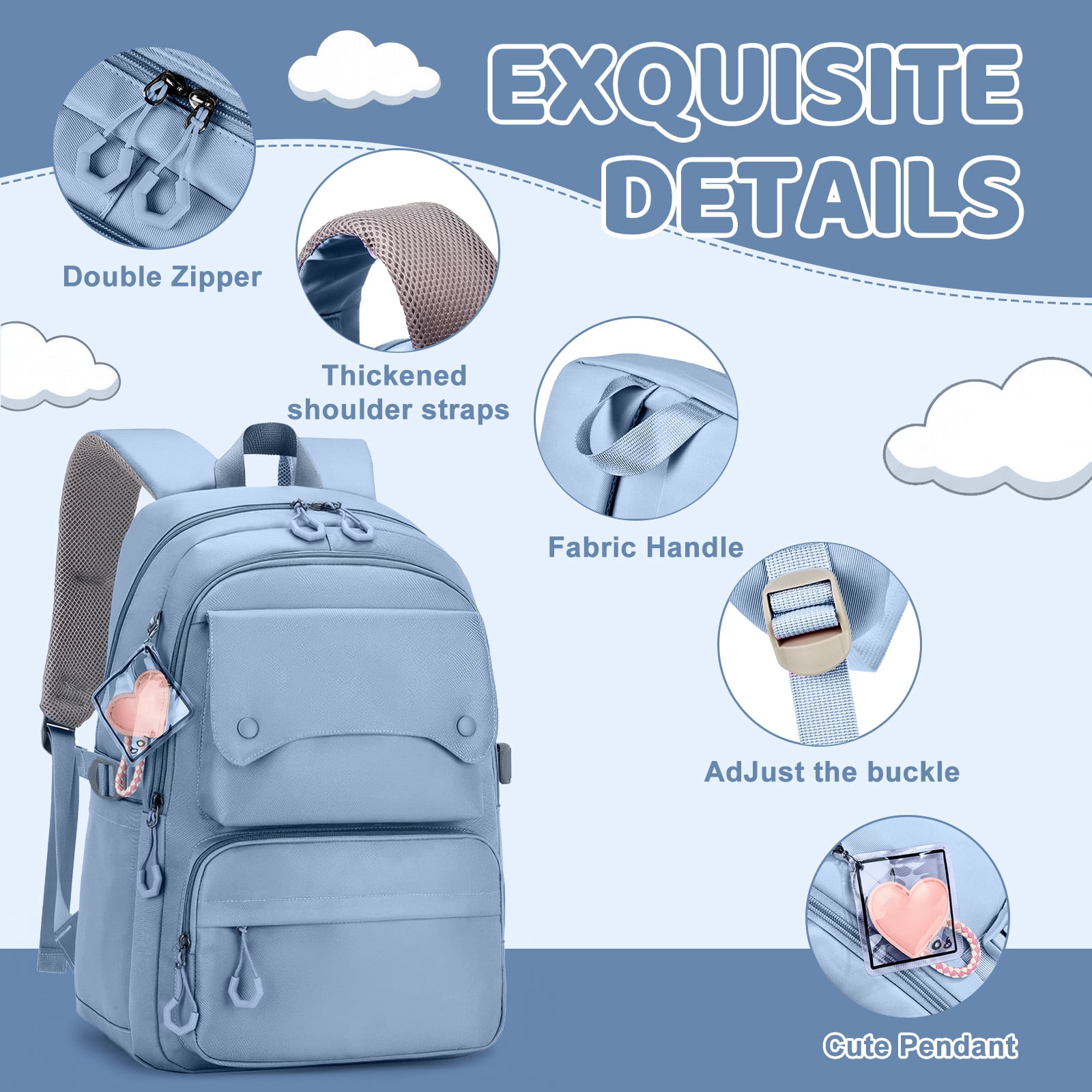 Inadays School Backpack, Large Capacity Bookbag for 15.6 Inch Laptop, Water-Resistant Cute Girlish Backpacks for Teen Adults Tween, Lightweight Travel Daypack for Primary Middle School College, Blue
