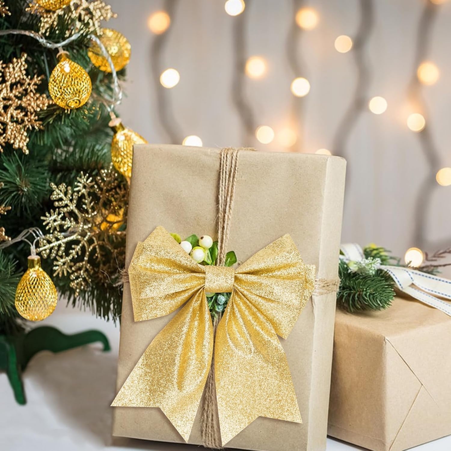 2 Rolls Gold Metallic Wired Edge Ribbon,Bexikou Glitter Wired Ribbon with Metallic Edge,Christmas Decor for Wreath, Tree, Craft Bows,Gift Wrapping & Home,2.5" x 20 Yards