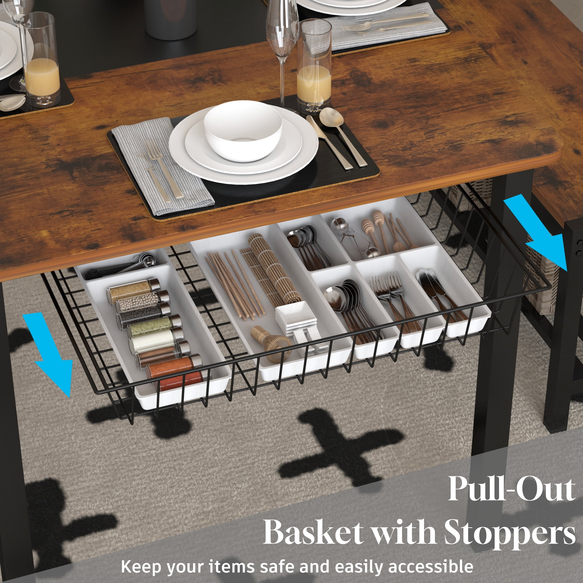 NAIYUFA Dining 5 Pieces Table Set,One Large Table ,2 chairs and 2 Benches for 4-6 people,Wood Brown Sets with Storage Rack