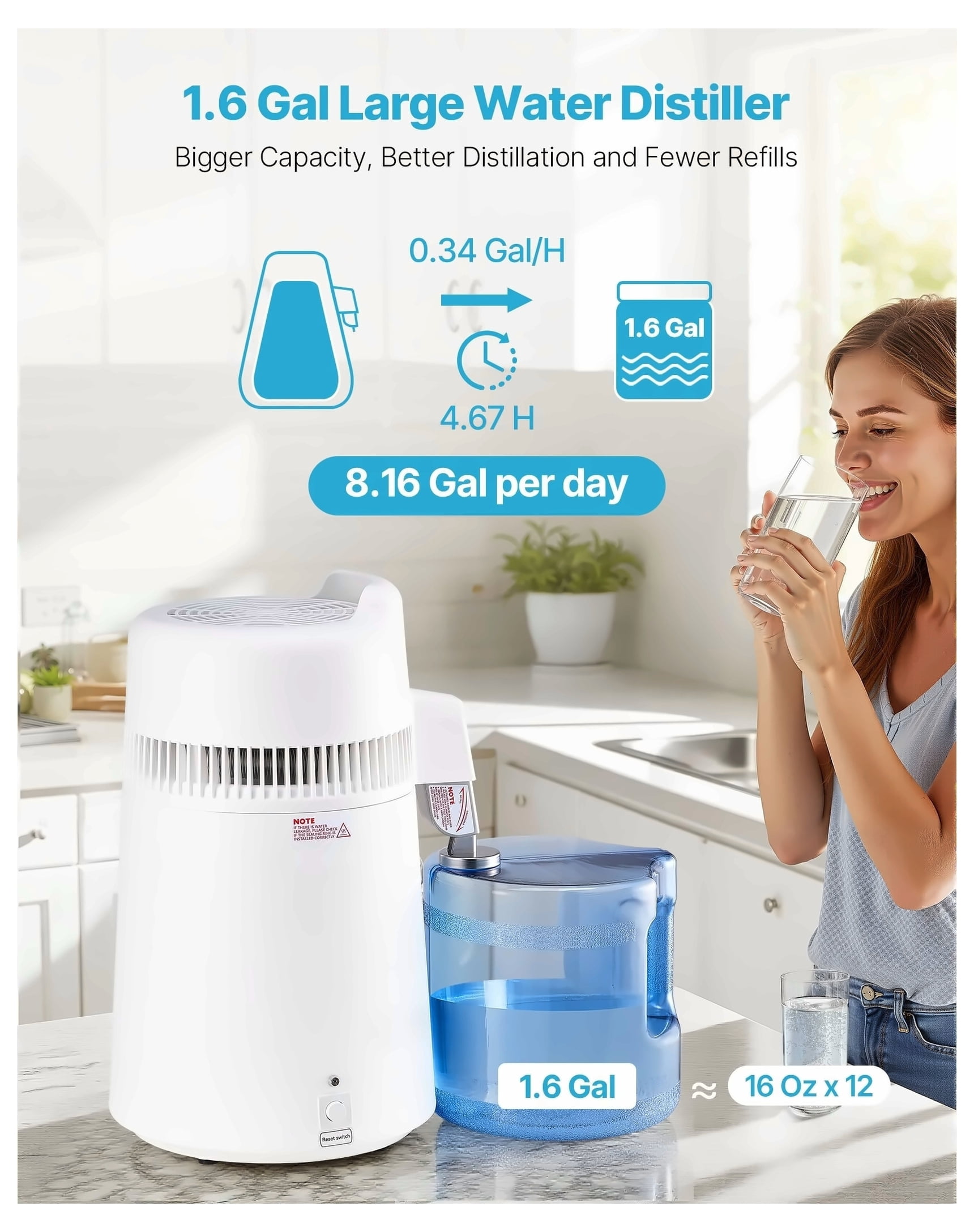 6L Water Distiller Home Countertop Purifier Machine 900W Plastic Stainless Steel