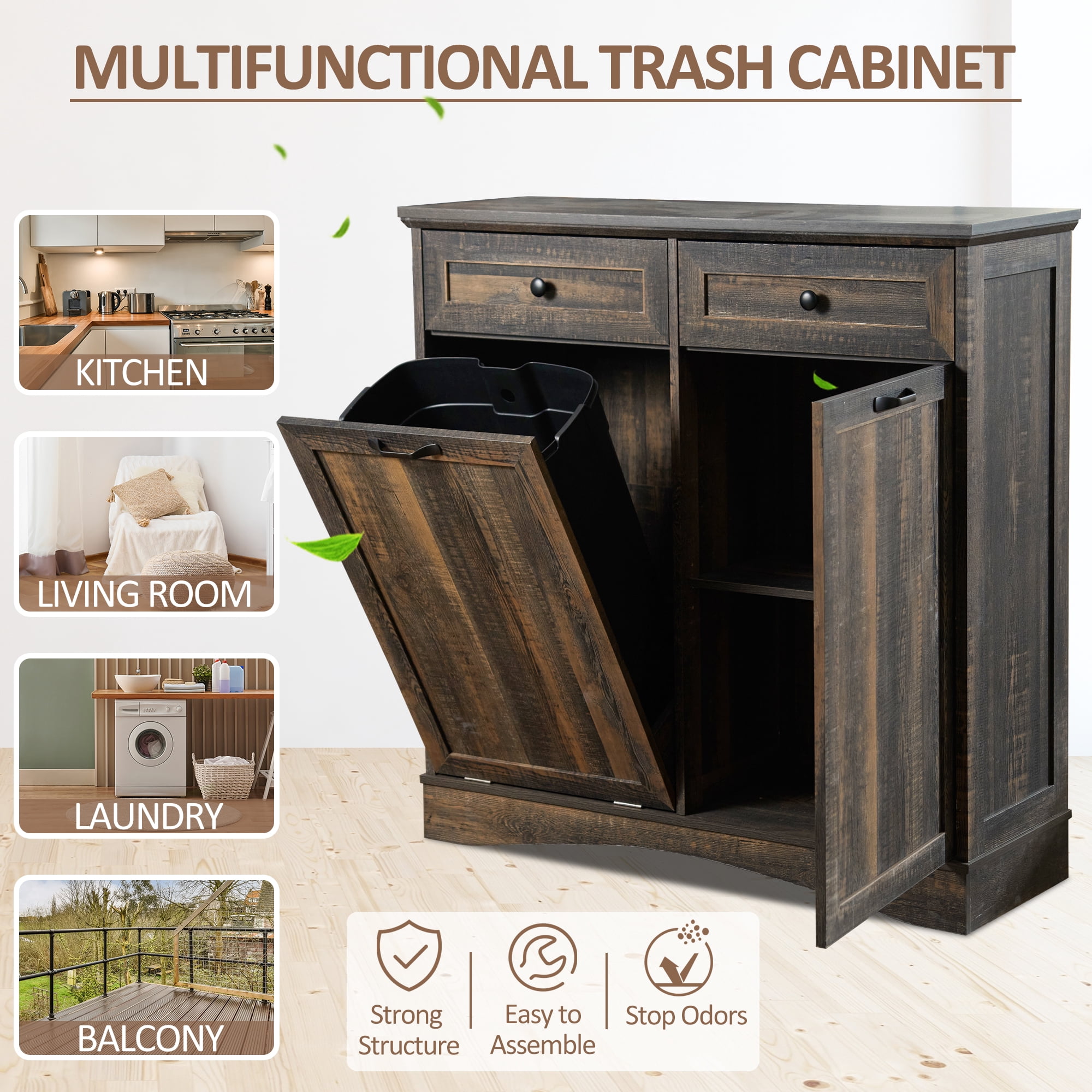HARIPUL 13 Gallon Tilt Out Trash Cabinet Waste Bins Hidden Trash Bin with Drawer & Adjustable Shelf & for Kitchen, Dark Brown