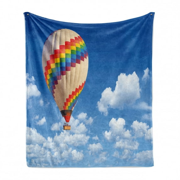 Blue Sky Soft Flannel Fleece Throw Blanket, Picturesque of a Colorful Hot Air Balloon Flying Through Adventurous Theme, Cozy Plush for Indoor and Outdoor Use, 70" x 90", Multicolor, by Ambesonne