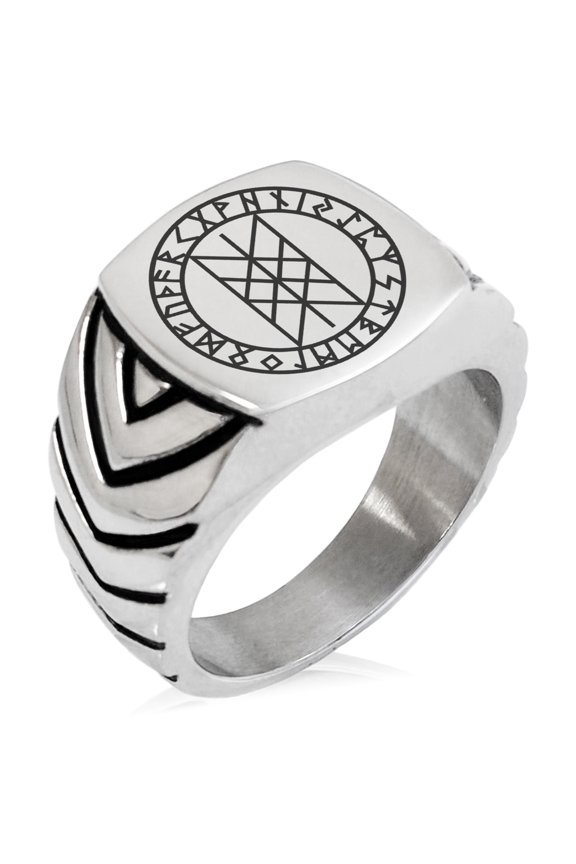 Stainless Steel Vegvisir Web of Wyrd Skuld’s Net Viking Chevron Pattern Biker Style Polished Ring