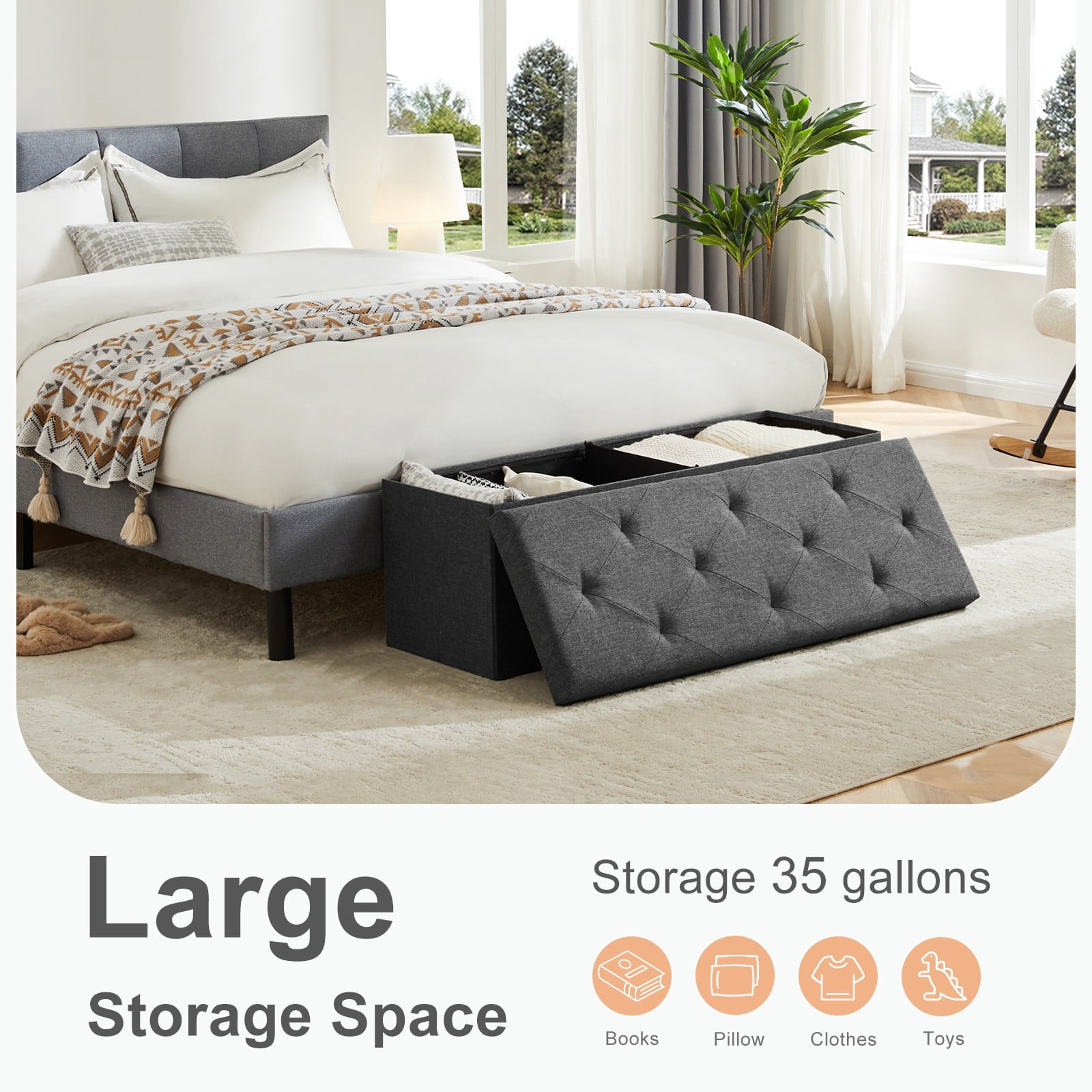 TOPCOMFY 110PE Ottoman Storage with Thicker Foam Padded Seat, Folding Design, Linen for Living Room