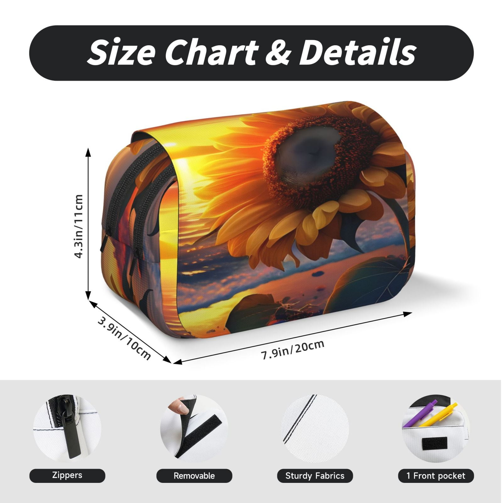 Rateoe Sunset Coast Sunflower Pattern Double Clamshell Pen Case, Storage Organizer with Two Zipper Compartments– Holds Up to 50 Pencils & Pens