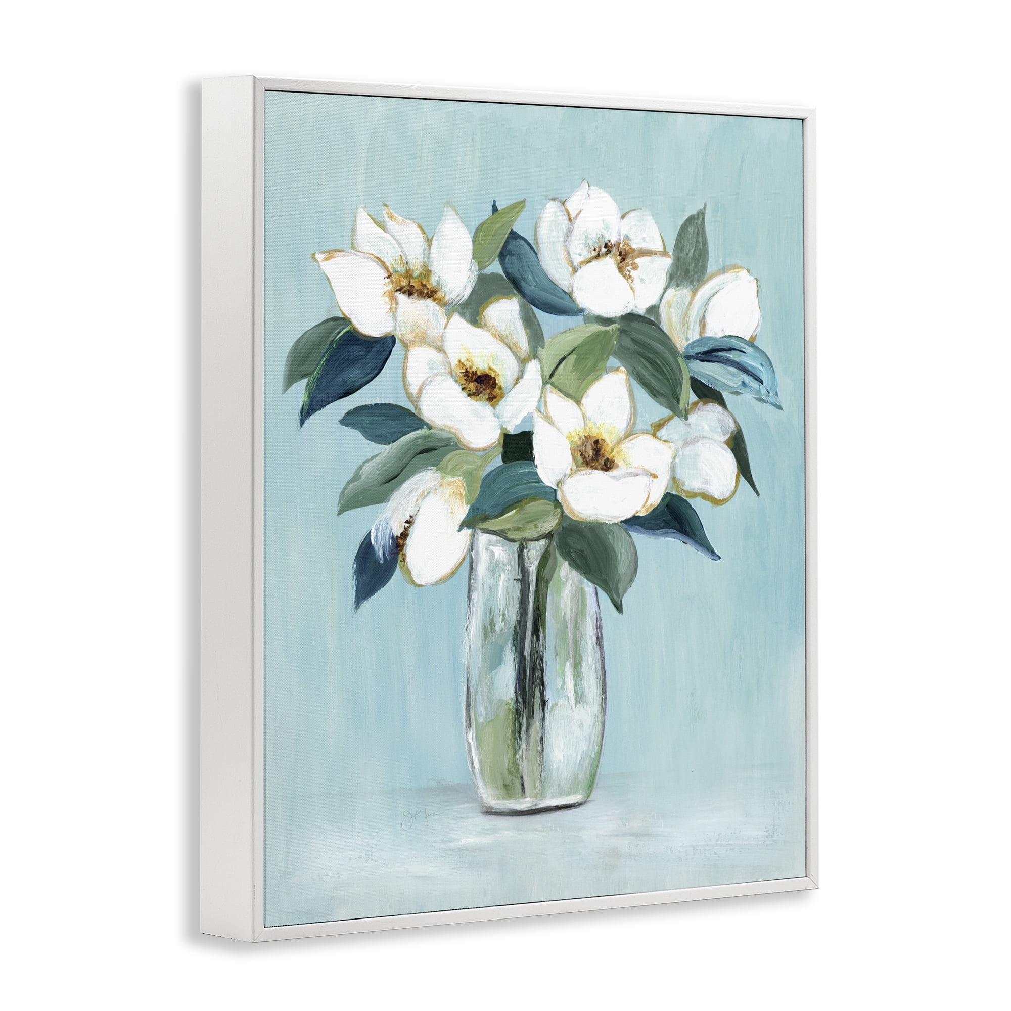 Stupell Industries Magnolia Blossoms on Blue White Framed Giclee Art, design by Janet Tava