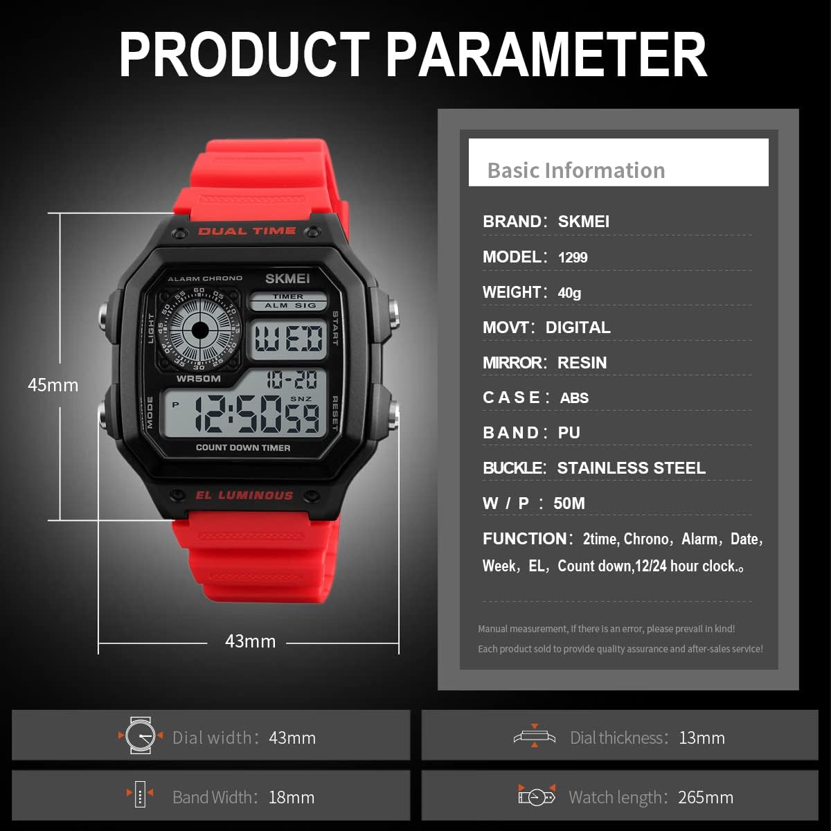 Wrist Watch for Men, Digital Sports Waterproof Watch with Dual Time Chronograph Countdown Alarm Backlight