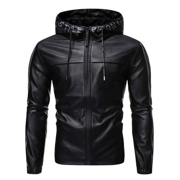 AOOCHASLIY 2023 Men Fall Coat New Men's Casual Leather Jacket Youth Solid Color Hoodie Leather Jacket Long Sleeve Hooded Casual Outwear Jackets