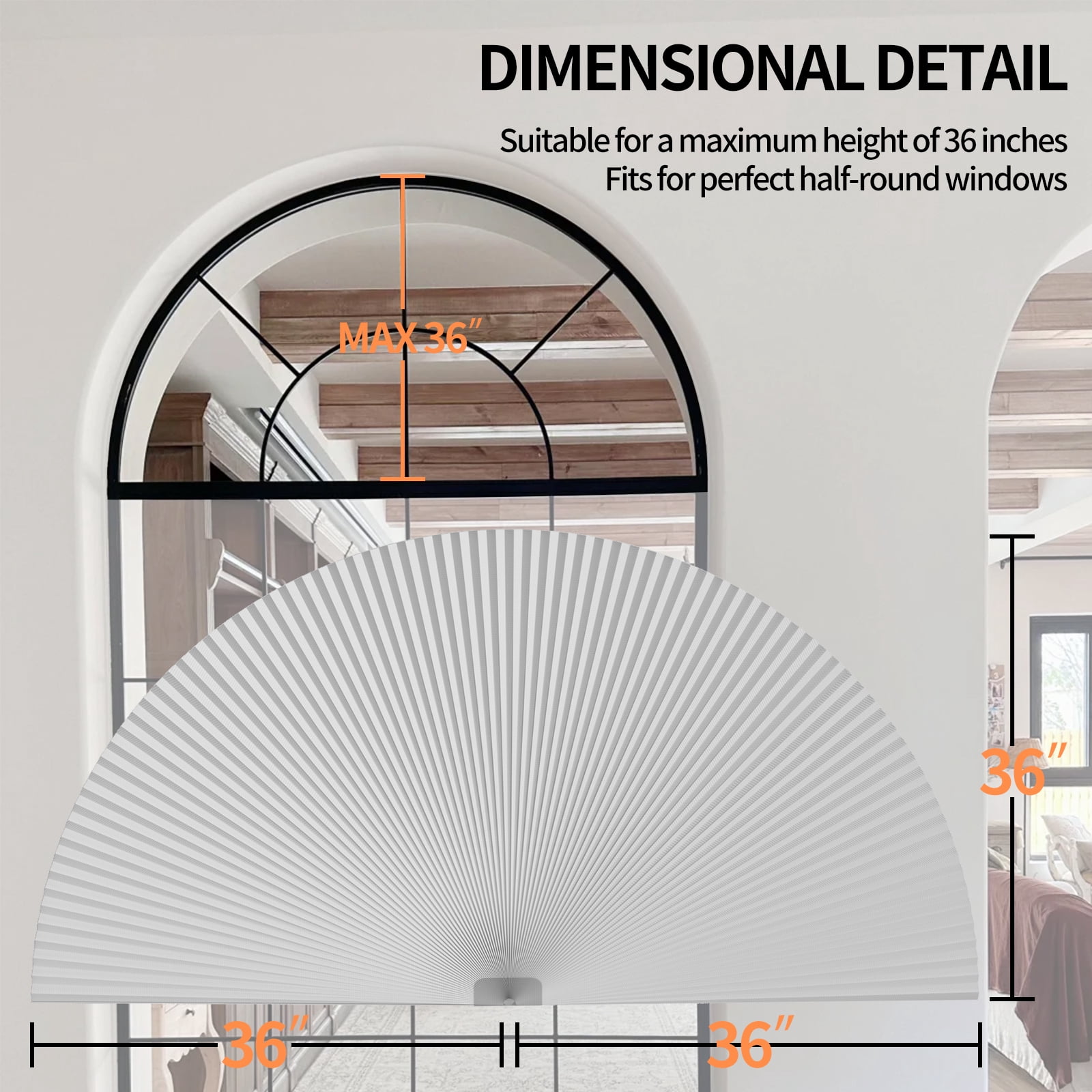 MYshade No Tools Arch Window Shades Tie-Up Blackout Cellular Arch Window Shades, White 36"W x 72"H