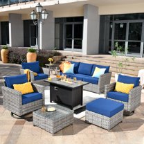 XIZZI Patio Furniture Sets 10 Pieces with Outdoor Wicker Swivel Rocking Chairs Coffee Table and Fire Pit,Blue