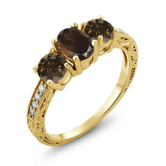 Gem Stone King 18K Yellow Gold Plated Silver Brown Smoky Quartz and Moissanite Ring for Women (1.87 Ct Oval 7X5MM, Size 5)