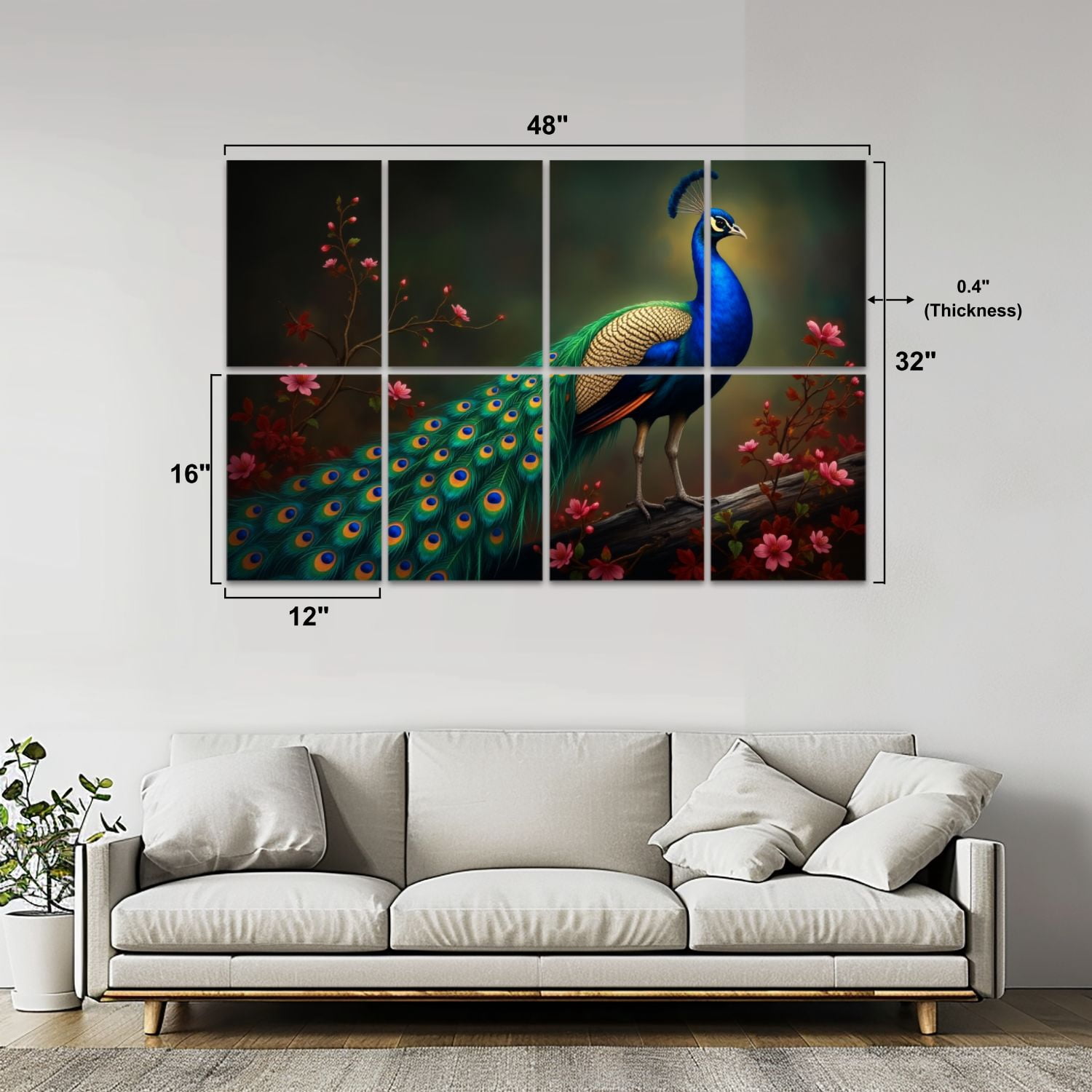 Vintage 8 Pack Art Acoustic Panels Sound Absorbing Vibrant Peacock Long Feathers Amid Red Blossoms Elegant Decorative Soundproof Wall Panels Self Adhesive for Nursery Game Room Bedroom 48"x32"