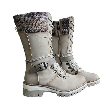 

Facaimo Women Mid Height Leather Boots Warm Winter Boots with Side Zipper