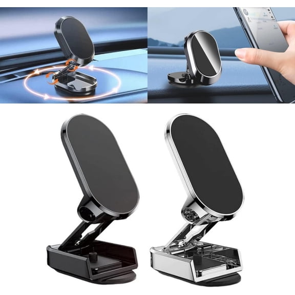 Alloy Folding Magnetic Car Phone Holder, 360° Rotatable Cell Phone Holder Foldable Phone Bracket Smartphone Support, Mini Portable Phone Stand Universal Dashboard Car Phone Mount (Black Silver)