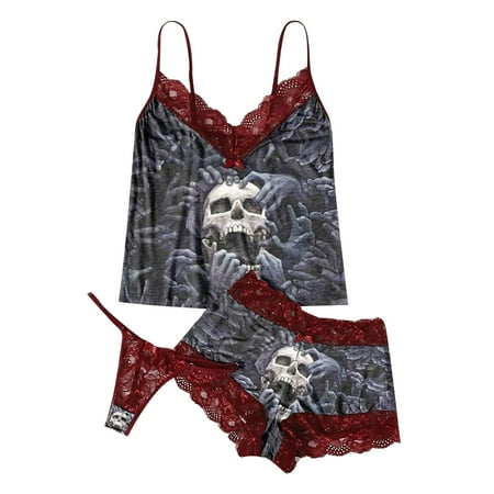 

Premium 2023 Gifts Women Exquisite Lace Lingerie Bra+Short+Briefs Set Skull Print Sleepwear
