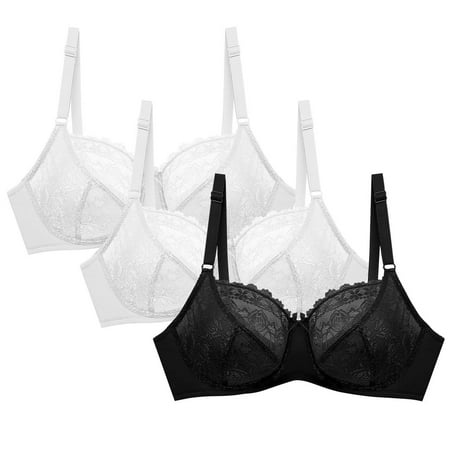 3PC Womens Lace Bras Non Padded Embroidered Underwire Unlined Full Coverage Push Up Plus Size Bralette Bra White 1 42 C