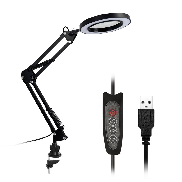 Magnifying Glass with Light and Stand, 5X Magnifying Lamp Acdmsacm 2-in-1 Desk Lamp with Clamp, 3 Color Modes & Stepless Dimmable, LED Lighted