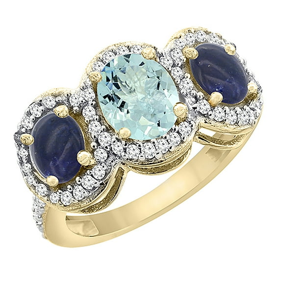 10K Yellow Gold Natural Aquamarine & Lapis 3-Stone Ring Oval Diamond Accent, size 10