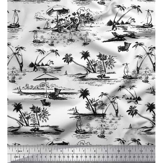 Soimoi Polyester Crepe Fabric Chair,Palm Tree & Yacht Beach Print Fabric by Yard 42 Inch Wide