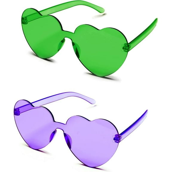 4E's Novelty Heart Shaped Sunglasses for Women, 2 Pack Green & Purple, Trendy Festival & Party Glasses for Teens & Adults