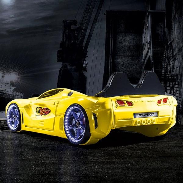 GTM Twin Race Car Bed for Kids with LED Headlights, Sound FX, Remote Control and Realistic Design, Sturdy and Fun Sleep Solution