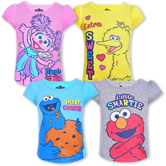 Sesame Street Girl's 4 Pack Short Sleeve Tee Shirt Set, Pink/Grey/Yellow/Blue, 4T