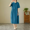 thumbnail image 4 of Bocqde Robes en Coton et Lin pour Femmes Mode Décontractée Unie à Manches Courtes Robe à Col à Revers Été Ample Plissée Robe de Plage, 4 of 7