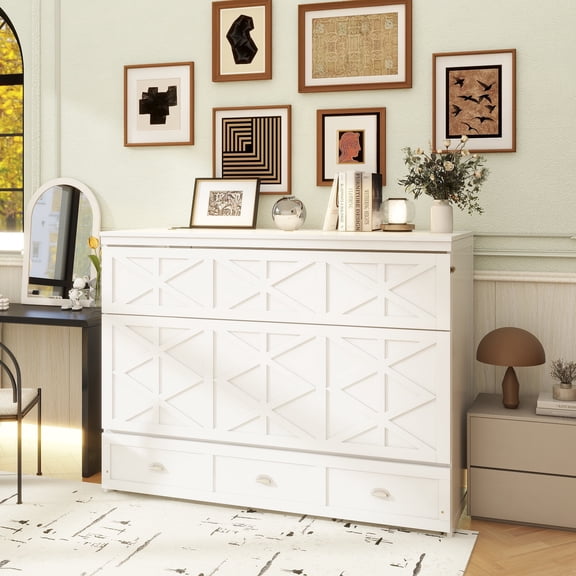 Queen Size Murphy Bed with Large Drawers and USB,Brushed White