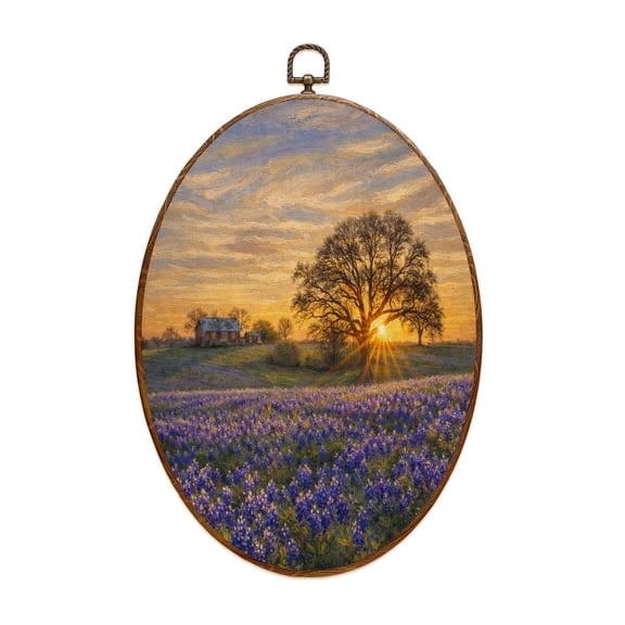 Canvas Wall Art Texas bluebonnet field sunrise Oval Framed Canvas Prints Vintage Wall Hanging Decor for Home Bathroom Decorations Gift for Mom Women 8.6"x11.4"