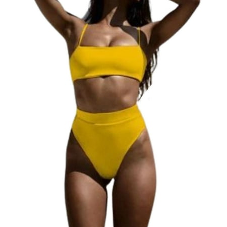 

Women High Waisted Bikini Set Sports Solid Color Swimsuit Sexy Spaghetti Strap Bandeau Bra Cheeky Bottom Bathing Suit