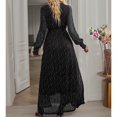 thumbnail image 4 of Vestido largo de mujer con cuello en V fruncido con volantes y manga acampanada con lentejuelas y abertura lateral Vestido largo con cinturón de cintura alta Negro L, 4 of 6