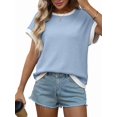 thumbnail image 3 of Women Summer Cap Sleeve Knit Tops Casual Crew Neck Color Block Trendy Tank Top Light Blue XL, 3 of 9