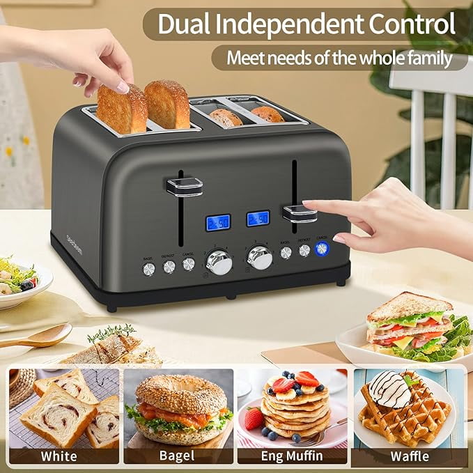 Toaster 4 Slice, LCD Display, 6 Shade Settings, 1.5'' Wide Slots, Digital Stainless Toaster for Bagel, Defrost, Reheat, Dual Control, Removable Crumb Tray, 1500W, Dark Metallic