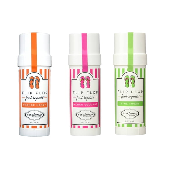 PureFactory Naturals Flip Flop Foot Repair Stick Juego de 3 lima, azúcar, mango, coco y miel de naranja de Pure Factory