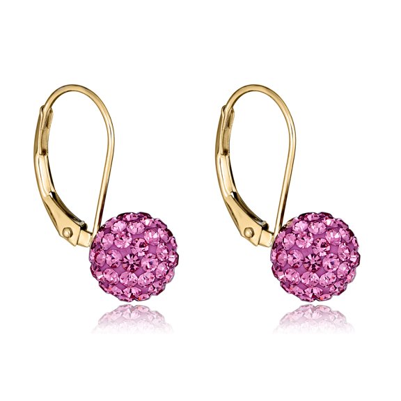 AVORA 10K Yellow Gold 8mm Pink  Crystal Ball Lever-back Drop Earrings