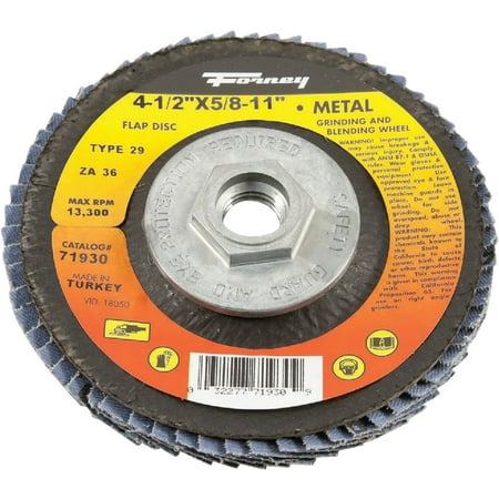

Forney 4-1/2 In. 5/8 In.-11 36-Grit Type 29 Blue Zirconia Angle Grinder Flap Disc